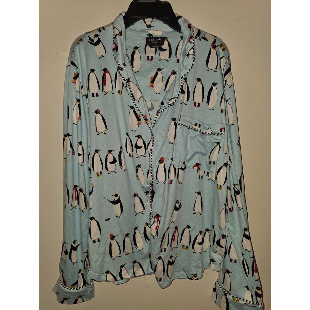 Kate Spade New York Penguin Pajama Top Blue Button Front Sleep Shirt Womens M